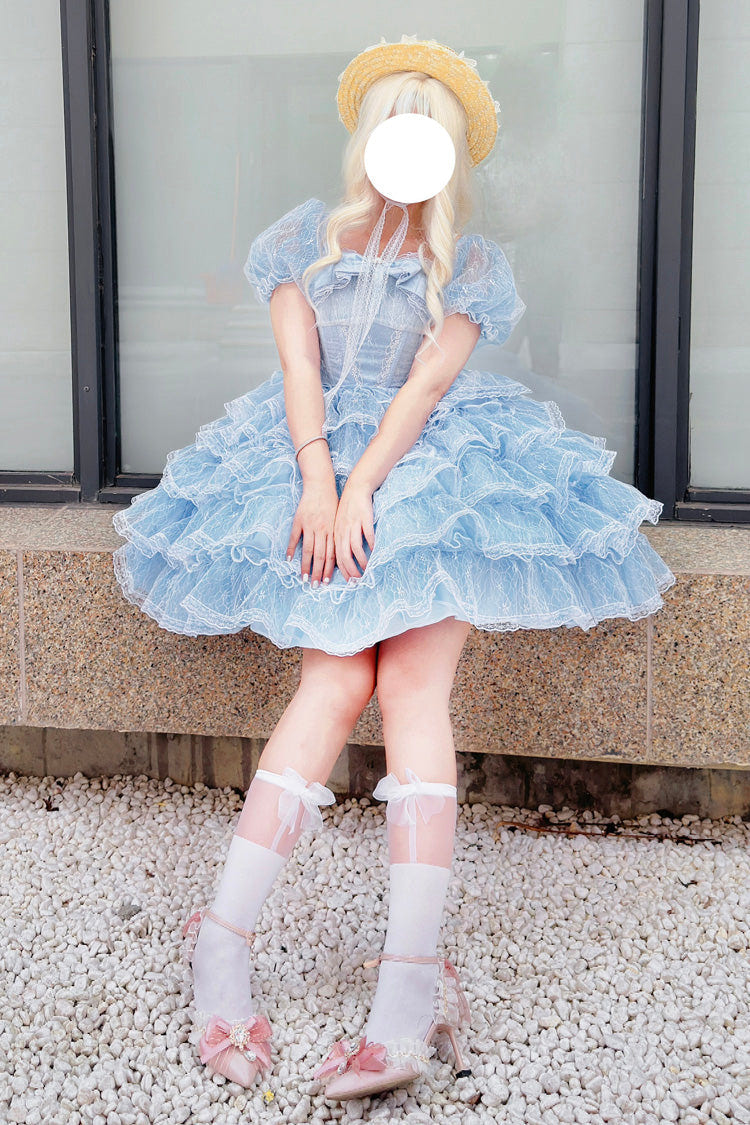 Blue Short Sleeves Multi-Layered Ruffle Hanayome Bowknot Lace Plus Size Sweet Lolita Dress - Product - 7