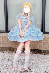 Blue Short Sleeves Multi-Layered Ruffle Hanayome Bowknot Lace Plus Size Sweet Lolita Dress - Product - 7