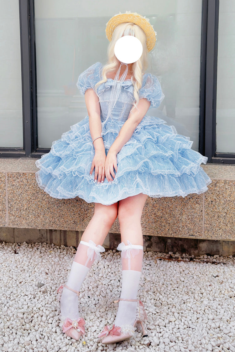 Blue Short Sleeves Multi-Layered Ruffle Hanayome Bowknot Lace Plus Size Sweet Lolita Dress - Product - 7