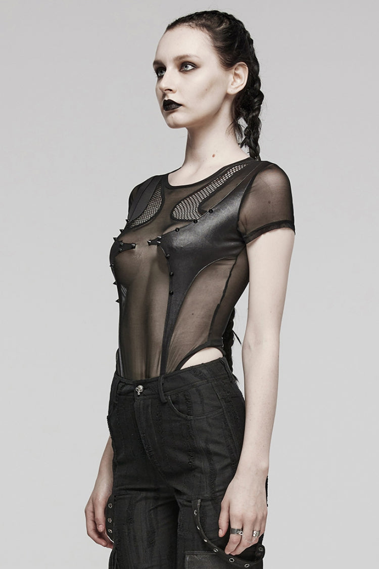Black Short Sleeves Sheer Mesh Women's Punk Bodysuit - Product - 2