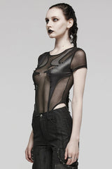 Black Short Sleeves Sheer Mesh Women's Punk Bodysuit - Product - 2