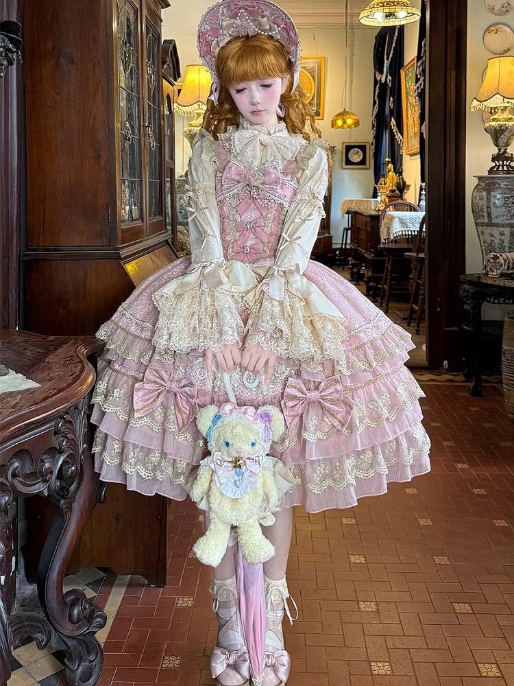 Pink Flower Bead Chain Bow Princess Lolita Dress detail view 6