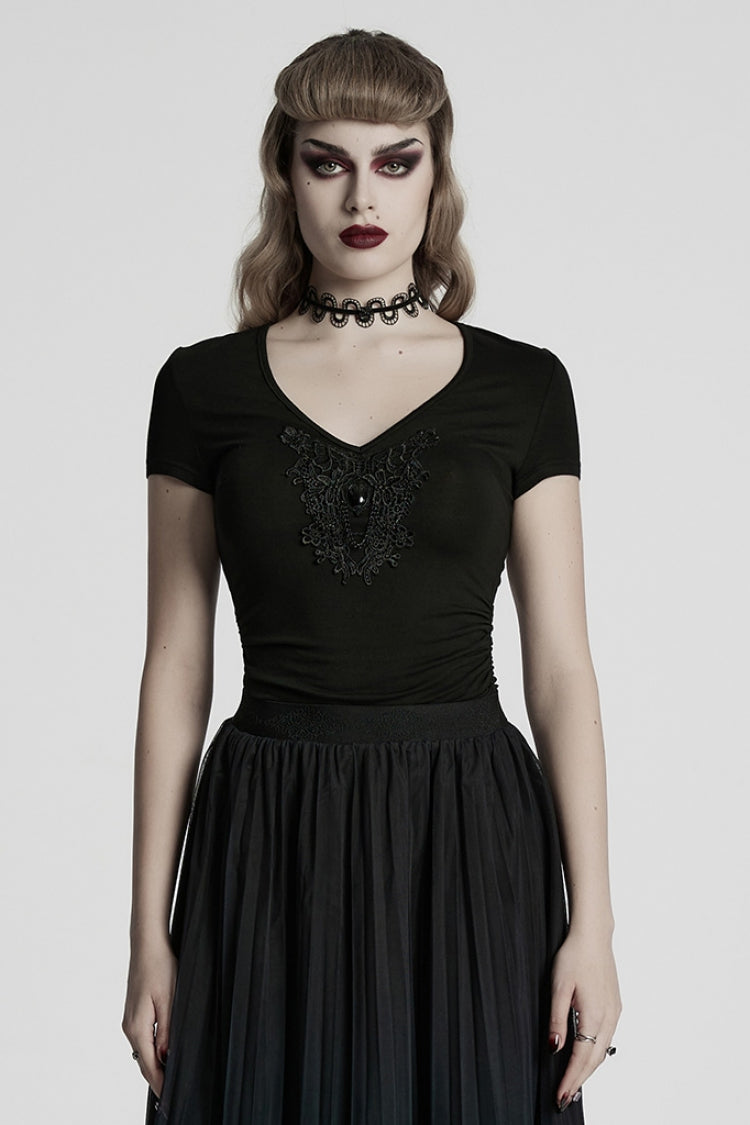 Black Short Sleeves Jacquard Floral Embroidery Women's Gothic Blouse - Black - 1