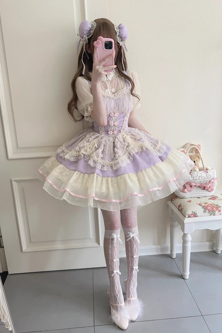 Flower Bud Halterneck Print Ruffle Lace Sweet Chinese Ballet Style Lolita Jsk Dress 3 Colors - Purple - 3
