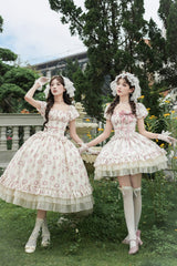 Ivory [Rose After The Rain] Short Sleeves Triple-Layered Print Ruffle Bowknot Lace-Up Sweet Lolita Long Dress - Product - 16