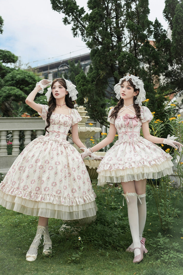 Ivory [Rose After The Rain] Short Sleeves Triple-Layered Print Ruffle Bowknot Lace-Up Sweet Lolita Long Dress - Product - 16