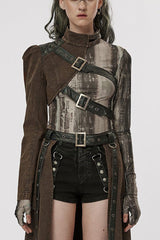 Women's Stand Collar Rivet Buckle Steampunk One-Arm Jacket 2 Colors - Black/Brown - 9