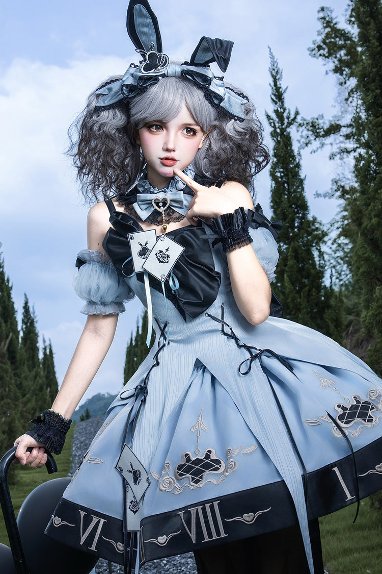 Blue [The Clock Rabbit's Card Game] Sleeveless Jacquard Ruffled Embroidered Bow Lace-Up Gothic Lolita Jsk Dress - Product - 2