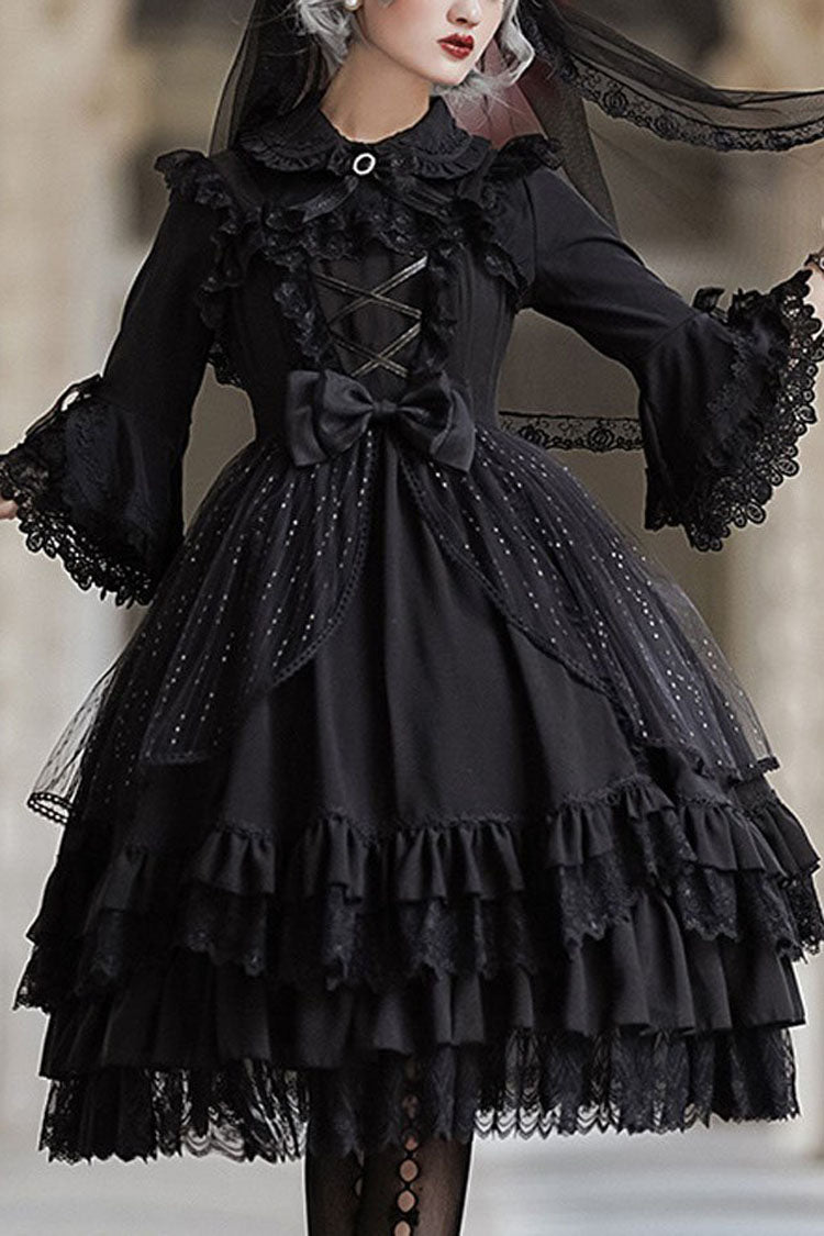 Half Sleeves Lace Stitching Bowknot Hanayome Multi-Layer Gothic Lolita Dress - Black - 1