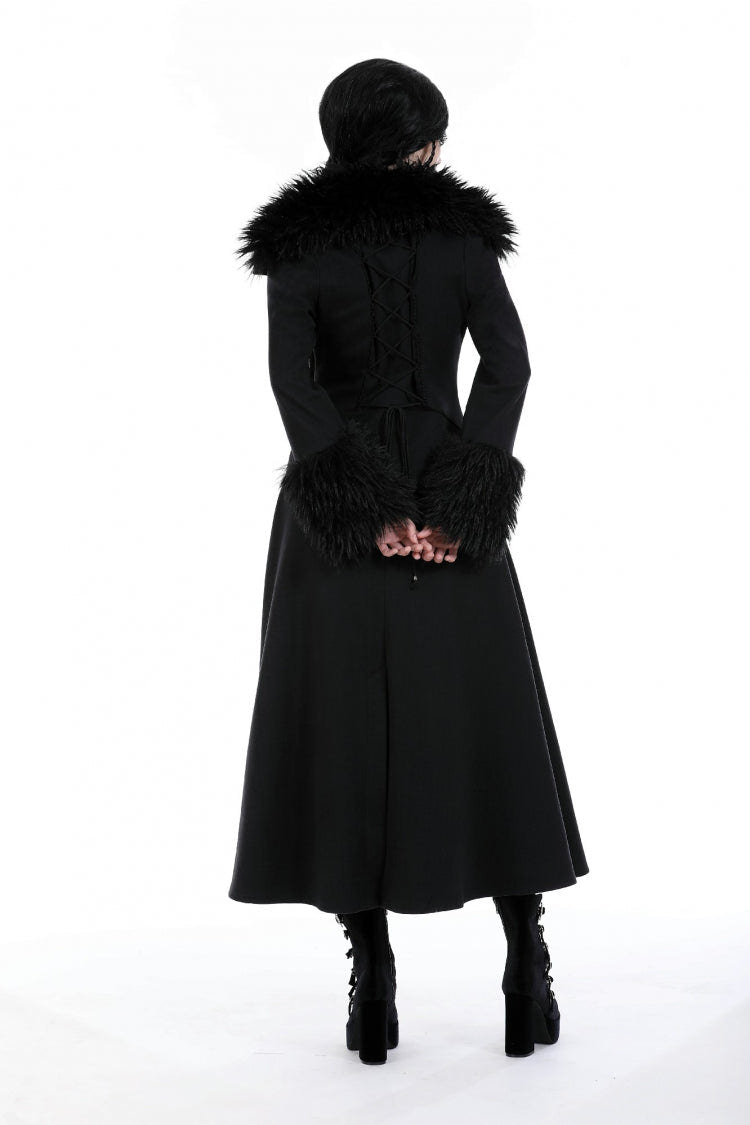 Black Long Sleeves Lace-Up Buckled Women's Gothic Draped Coat with Faux Fur Collar - Product - 4