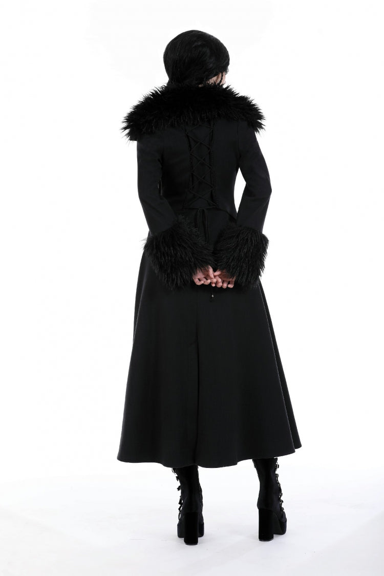 Black Long Sleeves Lace-Up Buckled Women's Gothic Draped Coat with Faux Fur Collar - Product - 4