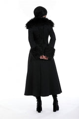 Black Long Sleeves Lace-Up Buckled Women's Gothic Draped Coat with Faux Fur Collar - Product - 4