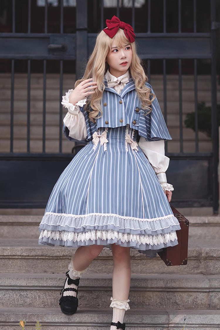 Blue Multi-layer Stripe Print Ruffle Sweet Lolita Jsk Dress - Light Blue - 3