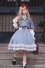 Blue Multi-layer Stripe Print Ruffle Sweet Lolita Jsk Dress - Light Blue - 3