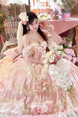 Pink [Love and Roses] Ruffle Hanayome Bowknot Lace Sweet Princess Lolita Jsk Dress - Product - 12
