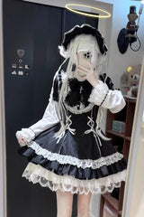 Black [Pilgrimage Rabbit] Round Collar Short Sleeves Triple-Layered Striped Printed Ruffled Bow Lace-Up Gothic Lolita Dress - Product - 2