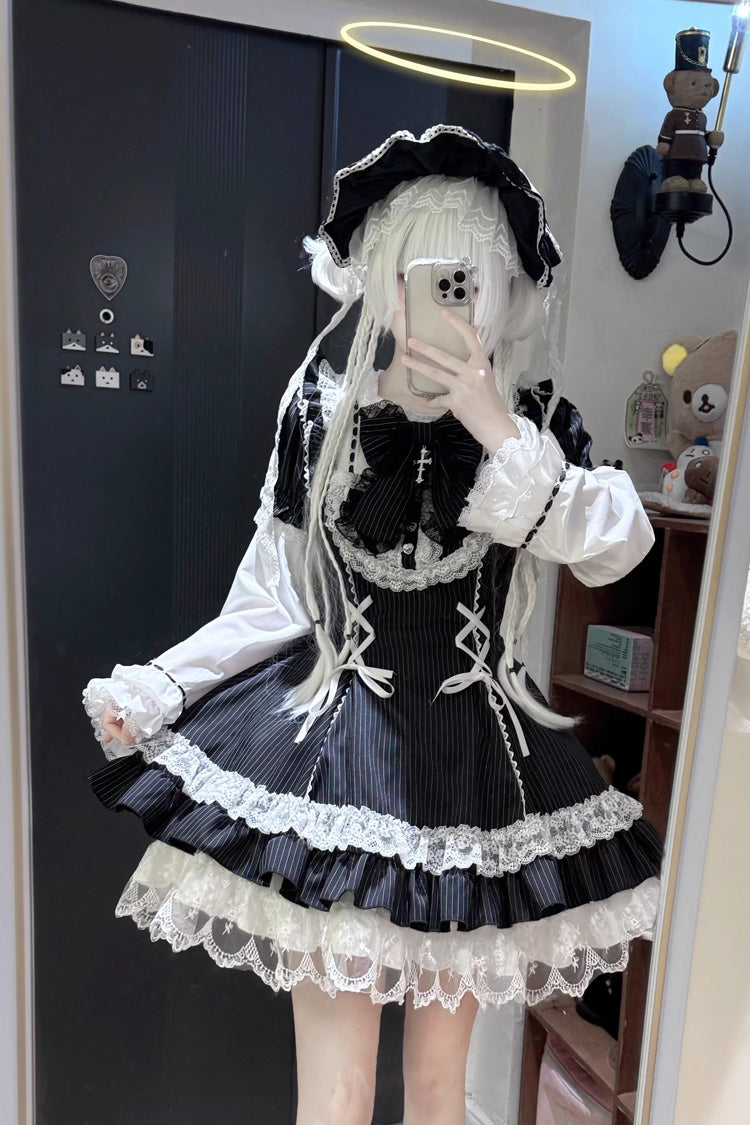 Black [Pilgrimage Rabbit] Round Collar Short Sleeves Triple-Layered Striped Printed Ruffled Bow Lace-Up Gothic Lolita Dress - Product - 2