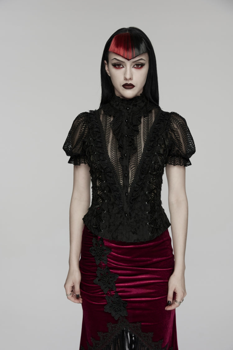 Black Stand Collar Short Sleeves Ruffled Cut-Out Embroidered Lace Women's Gothic Blouse - Black - 1