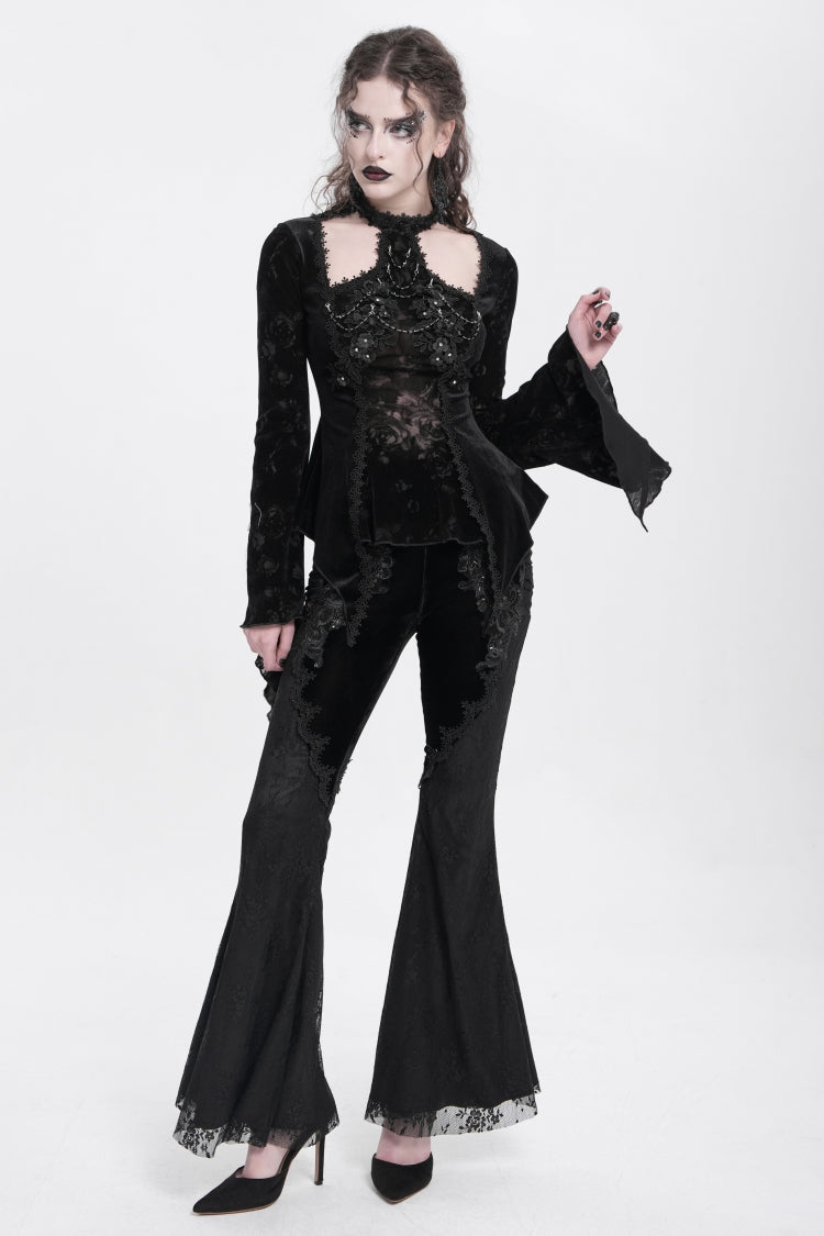 Black Floral Embroidery Stitching Lace Women's Gothic Pants - Product - 5