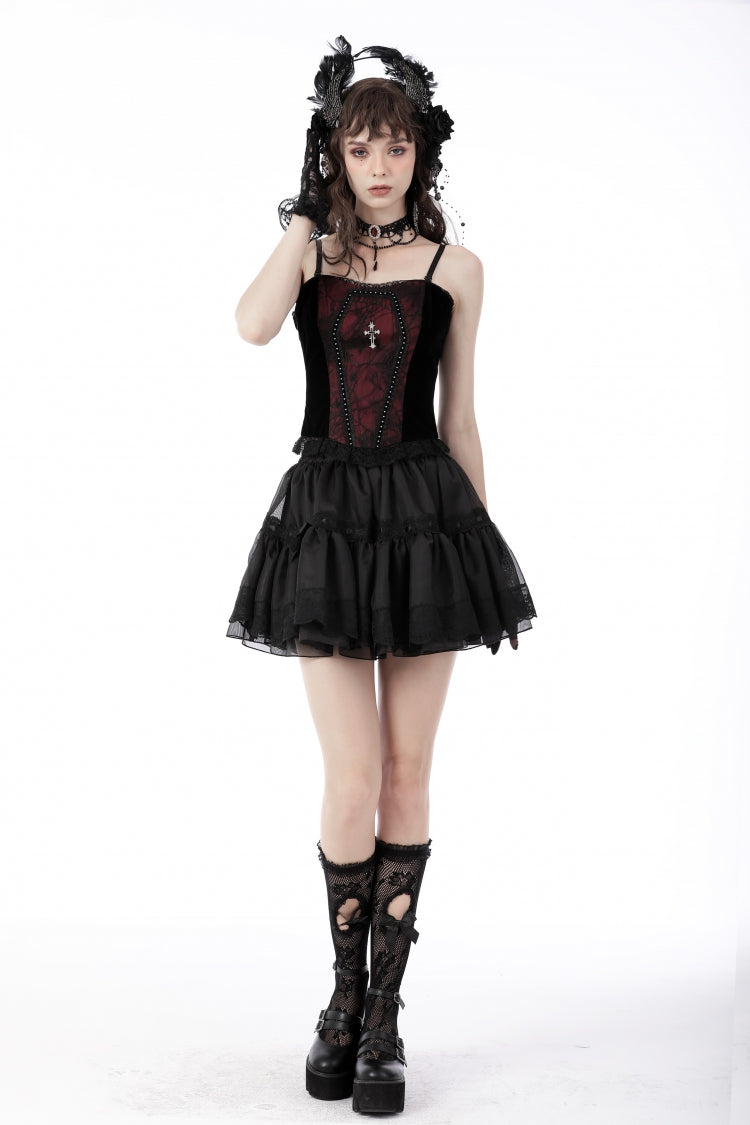 Dark Red Cross Shoulder Straps Jacquard Lace-Up Women's Gothic Overbust Corset - Product - 12