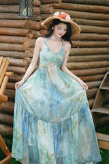 Blue/Green V Collar Sleeveless Oil Painting Printed Classic Lolita Jsk Dress - Product - 2