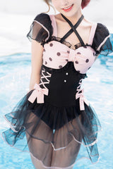 Black/Pink Blackberry Bubble Water Wave Dot Printing Bow Lolita One Piece Swimsuit - Black/Pink - 1