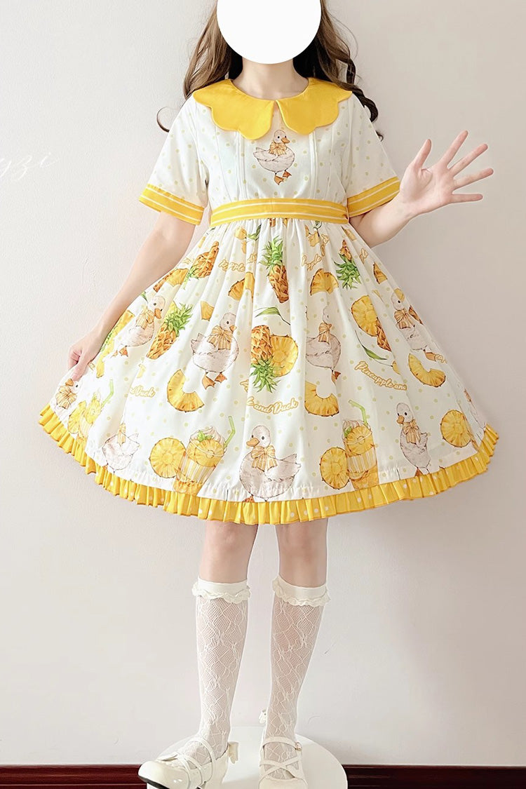 White/Yellow Short Sleeves Duck Print Bowknot Sweet Lolita OP Dress - Product - 4