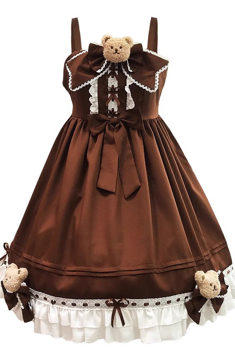Brown [Mousse Bear] Sleeveless Ruffle Bowknot Sweet Vintage Princess Lolita Jsk Dress - Product - 3