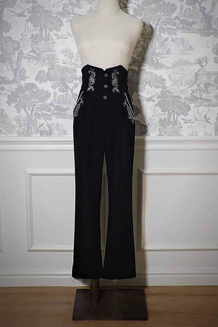 Pirate Series Navigation Treasure Hunting Guide High Waisted Embroidery Ouji Handsome Lolita Long Pants 2 Colors - Black - 1