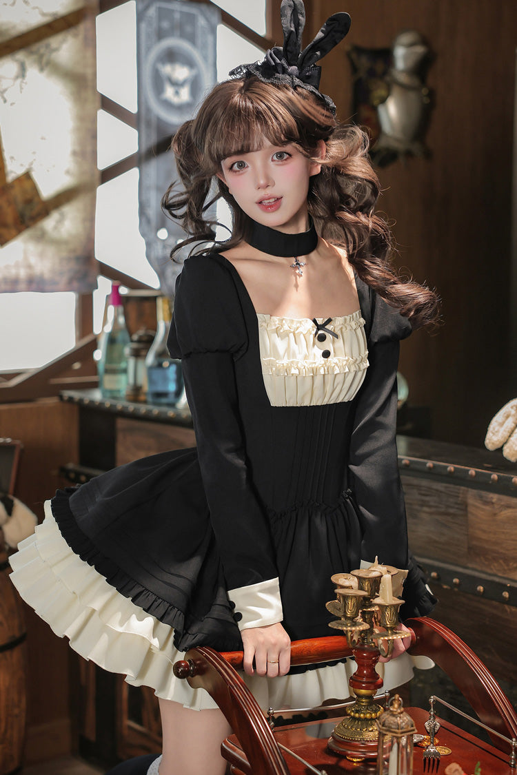 [Liya] Square Collar Long Lantern Sleeves Multi-Layered Ruffled Classic Elegant Lolita Dress 2 Colors (Black, Red) - Product - 20