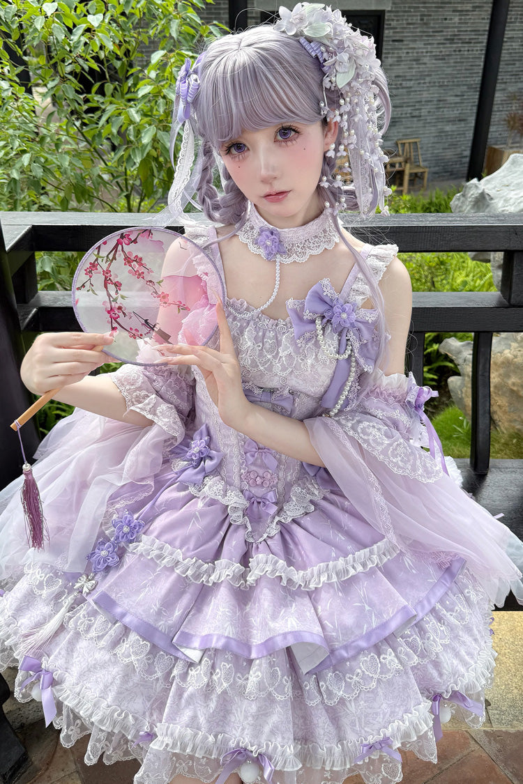Purple [Prelude of Spring Cherry] Square Collar Sleeveless Multi-Layered Jacquard Ruffled Bow Lace Pearl-Decorated Sweet Lolita Jsk Dress - Product - 8