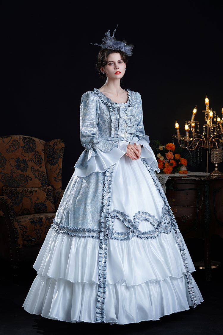 Blue Long Trumpet Sleeves Jacquard Ruffle Bowknot Princess Lolita Victorian Dress - Product - 2