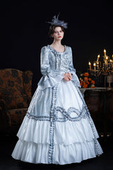 Blue Long Trumpet Sleeves Jacquard Ruffle Bowknot Princess Lolita Victorian Dress - Product - 2