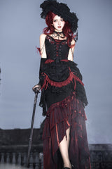 Black/Red [Rotten Bone Flower] Sleeveless Ruffled Embroidered Lace-Up Gothic Lolita Skirt Dress Set - Product - 13