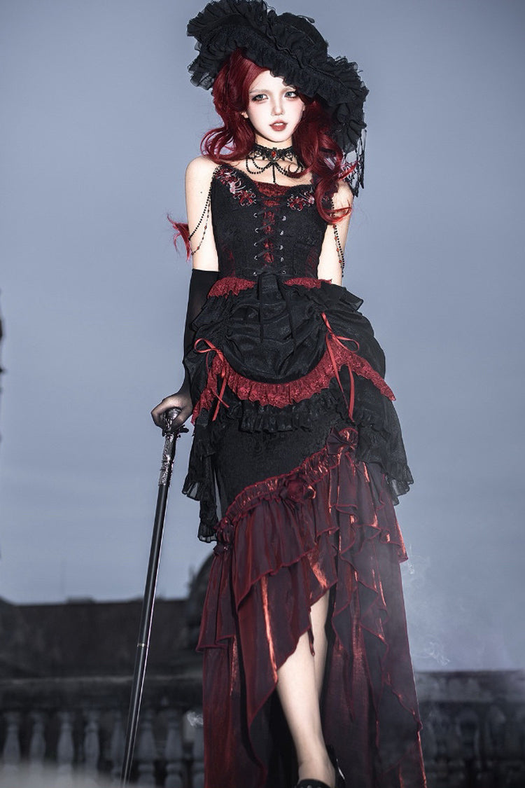 Black/Red [Rotten Bone Flower] Sleeveless Ruffled Embroidered Lace-Up Gothic Lolita Skirt Dress Set - Product - 13