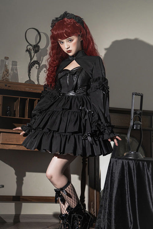 Dawn and Dusk Black Bowknot Ruffled Gothic Lolita JSK Tiered Dress - Product - 3