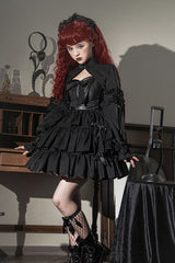 Dawn and Dusk Black Bowknot Ruffled Gothic Lolita JSK Tiered Dress - Product - 3
