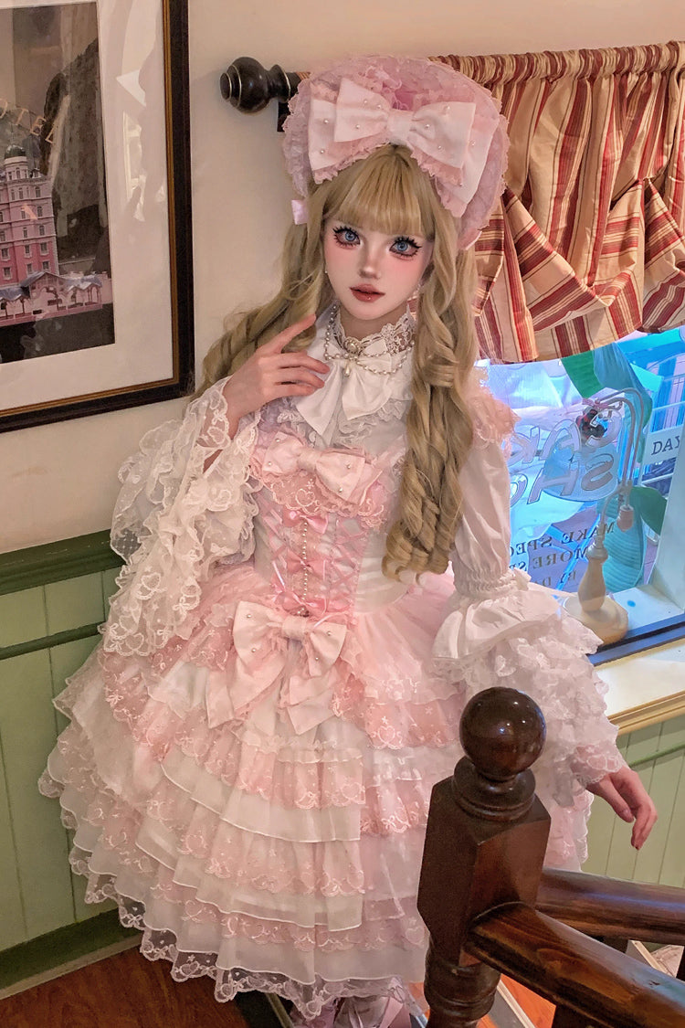 Pink/White [Love Overture] Multi-Layered Ruffle Bowknot Lace Sweet Lolita Jsk Dress - Product - 6