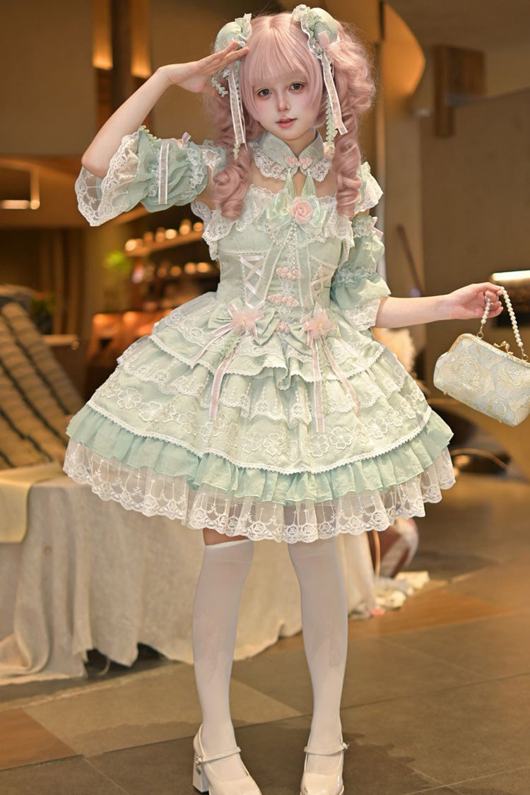 Green [Rain of Peaches] Sleeveless Multi-Layered Bowknot Lace Sweet Chinese Style Lolita Jsk Dress - Product - 1