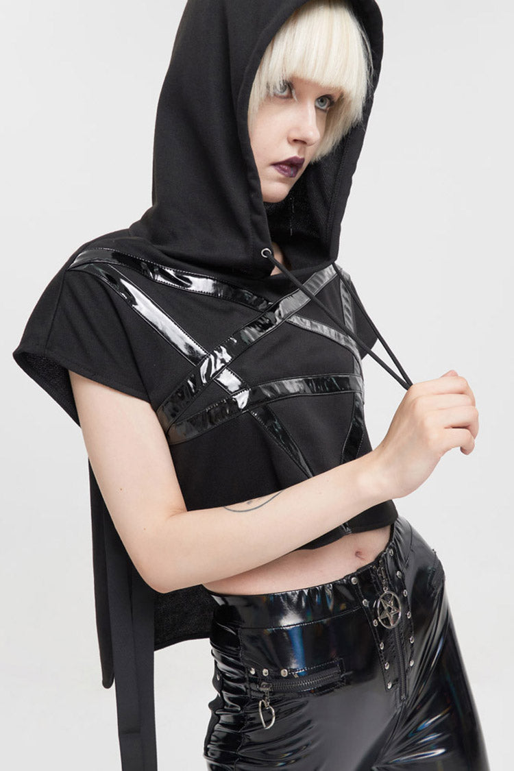 Black Short Front Long Back Stitched Shiny Leather Inverted Pentagram Shape Hoodie Short Sleeve Women's Punk T-Shirt - Product - 2