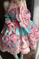 Pink/Green [Sweetheart Petals] Halterneck Sleeveless Multi-Layered Jacquard Ruffled Bow Pearl Detail Sweet Lolita Jsk Dress - Product - 5