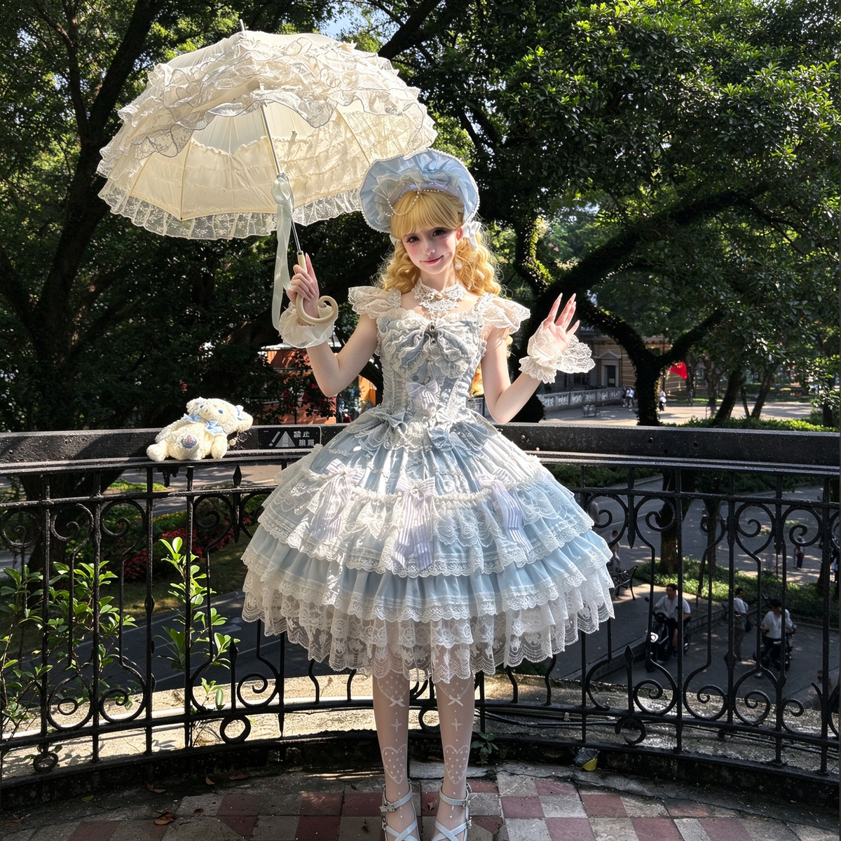 Elegant Ruffled Lace Lolita Dress Set with Bow Accents - view 4