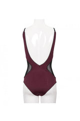 Wine Red Waist Splice Mesh Lace Up Gothic One Piece Swimsuit - Product - 15