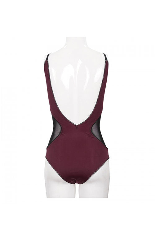 Wine Red Waist Splice Mesh Lace Up Gothic One Piece Swimsuit - Product - 15