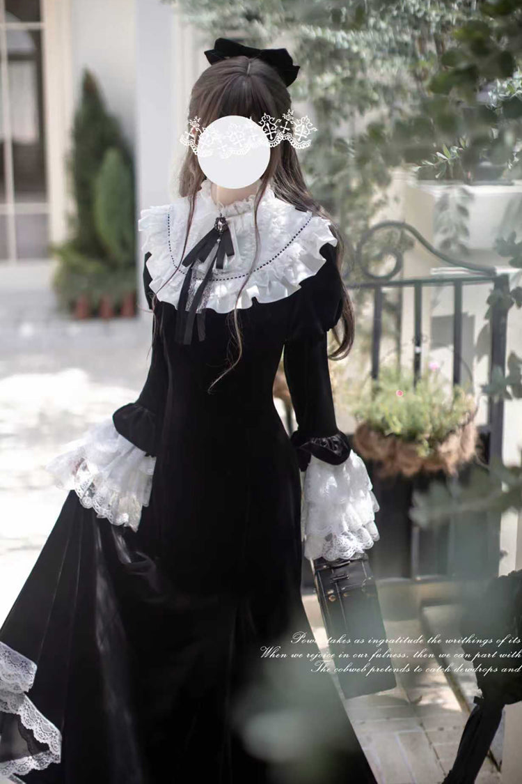 Black [Raven-Feather Poetic Letter] Velvet Long Hime Sleeves Ruffle Bowknot Gothic Elegant Lolita Fishtail Dress - Product - 5