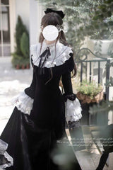 Black [Raven-Feather Poetic Letter] Velvet Long Hime Sleeves Ruffle Bowknot Gothic Elegant Lolita Fishtail Dress - Product - 5