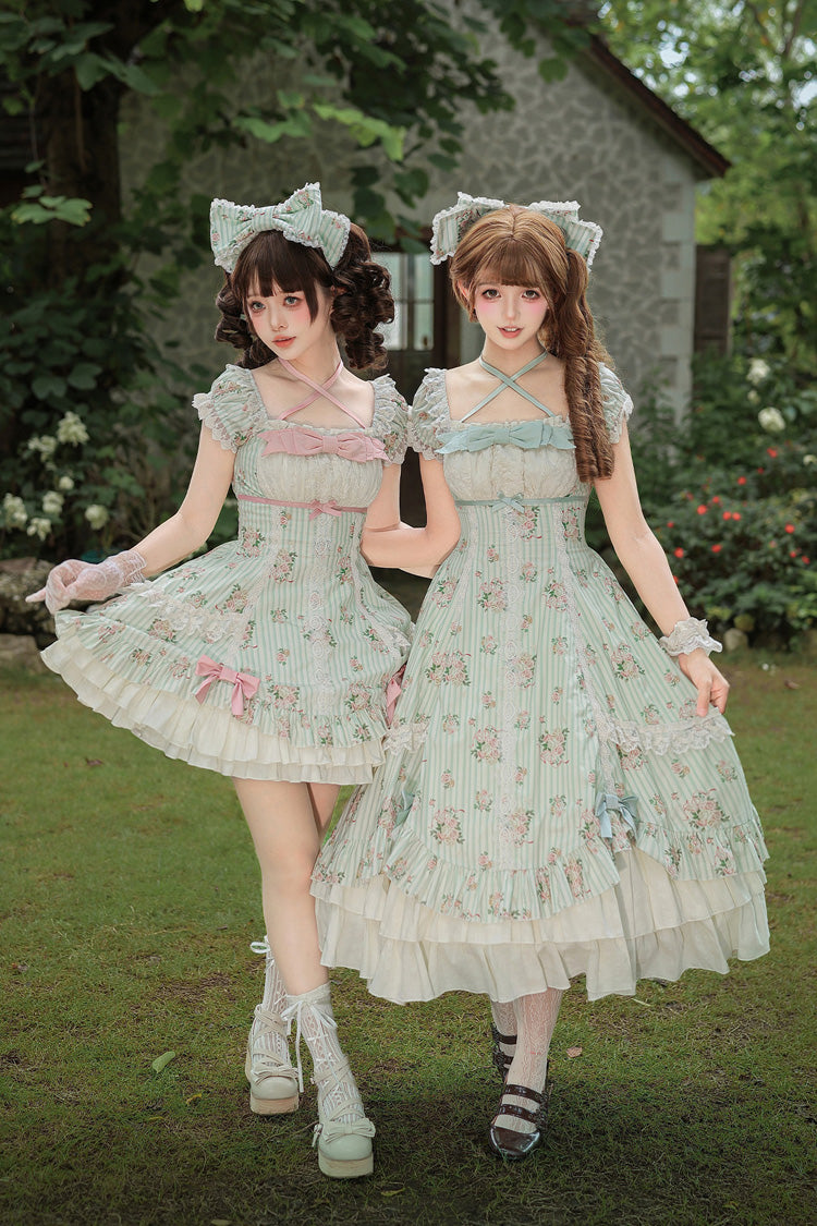 Green [An Encounter with Austin] Square Collar Short Sleeves Multi-Layered Rose Printed Ruffled Bow Lace Sweet Lolita Dress 2 Versions - Product - 2