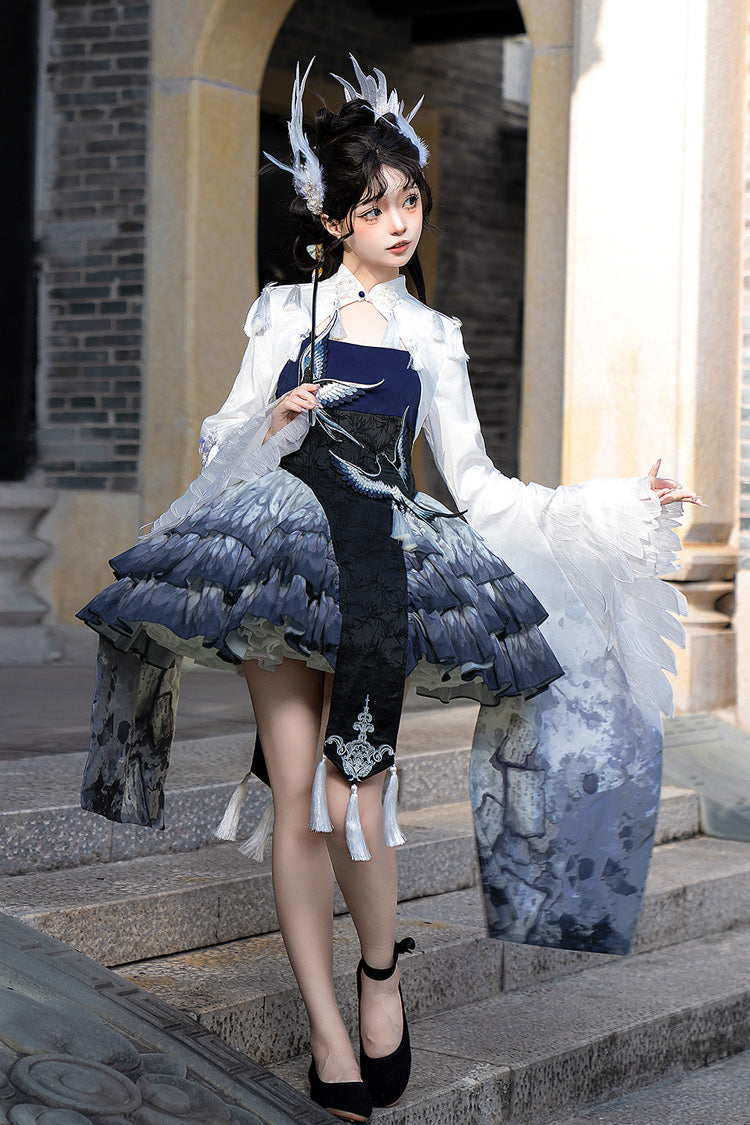 Dark Blue [Feathered Finch] Multi-Layered Print Ruffle Classic Chinese Style Lolita Jsk Dress Set - Product - 3