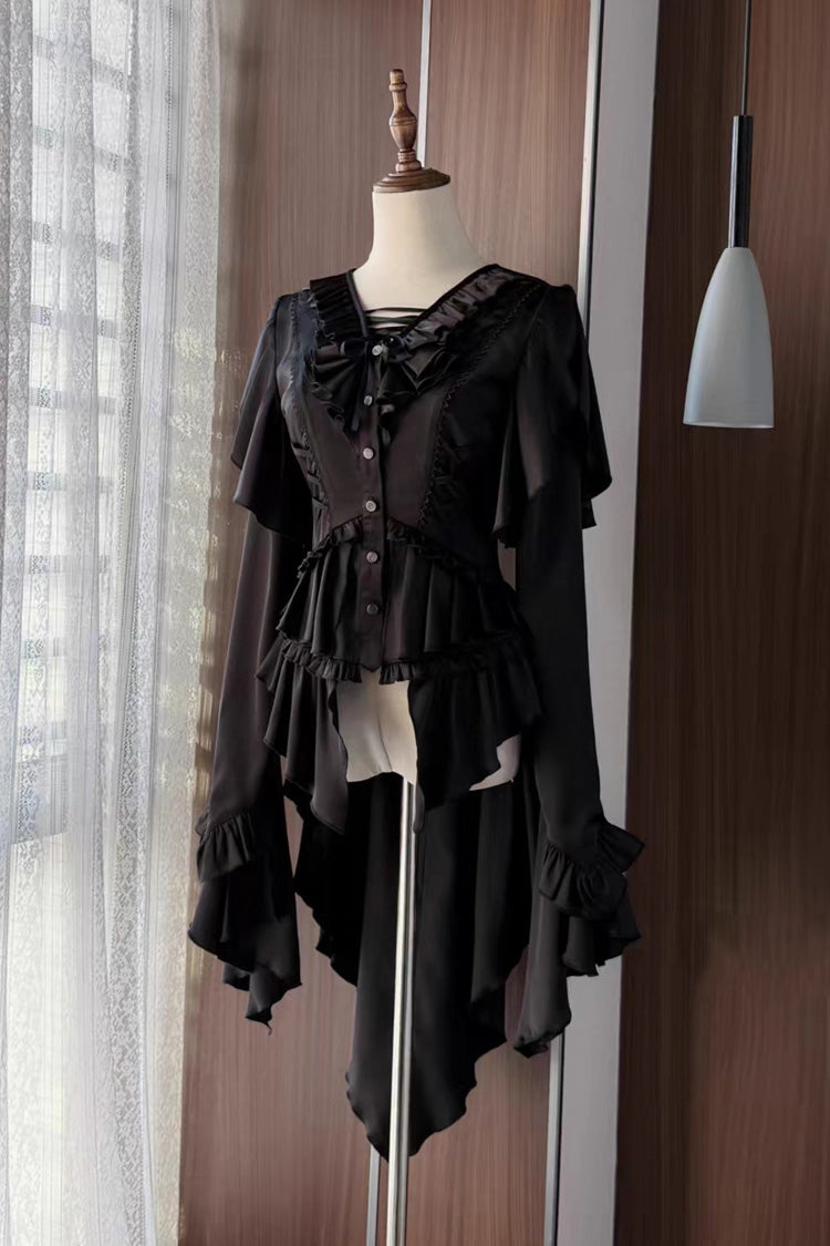 [Echoes of the Deep Sea] Long Hime Sleeves Ruffled Bow Lace-Up Gothic Ouji Lolita Blouse 4 Colors - Black - 15