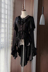 [Echoes of the Deep Sea] Long Hime Sleeves Ruffled Bow Lace-Up Gothic Ouji Lolita Blouse 4 Colors - Black - 15